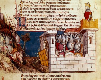 En hær (fra kongen av Pamplona?) søker tilflukt i et slott og klatrer opp miniatyr levis-broen fra "" Entrree of Spain"". Venezia fra 1300-tallet, Biblioteca Marciana. av Unknown artist