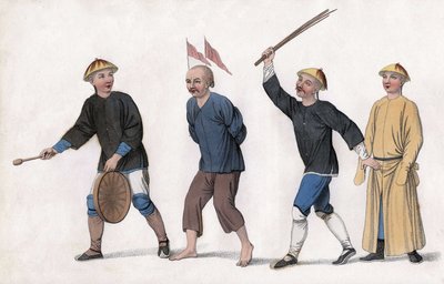 En tiltale er tatt til retten. For å tiltrekke offentlig oppmerksomhet festes røde flagg på hodet hans og en mann ringer på gongen. Gravering, i "The Punishments of the Chinese", London av Unknown artist