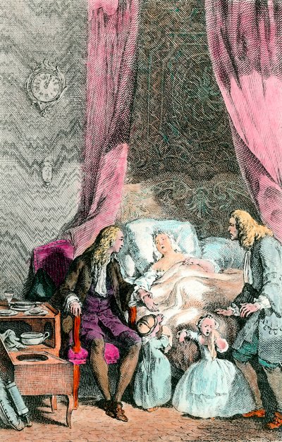 En observatørlege En kvinne som er syk eller allerede død er omringet av familien sin og legen. Barna er i tårer. Gravering rundt 1780. Paris, Medisinakademiet av Unknown artist
