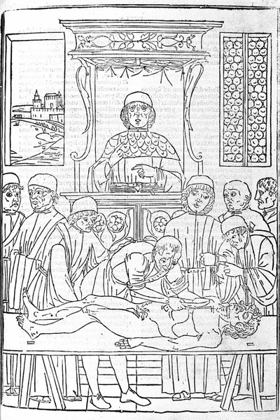 Anatomisk disseksjon. Gravering fra en medisinavhandling av Gerolamo Cardano (Cardanus Hieronymus), Firenze av Unknown artist
