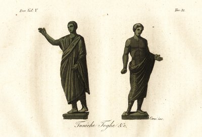 Gamle etruskiske statuer som viser menn som har på seg toga, tunika, calzari (sko) osv. av Unknown artist
