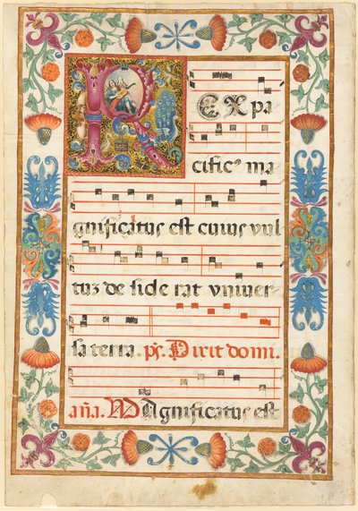 Engel som spiller et instrument i en dekorert initial quot;Rquot; med flora, fauna og grotesk, fra en antifonal av Unknown artist