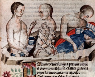 Kjempen Antaeus senker Dante og Virgil på den frosne bakken i sirkelen av forræderi (sang 31 fra helvete, i den guddommelige komedie) - miniatyr 1400-tallet av Unknown artist