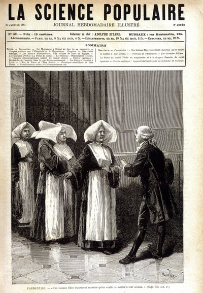 Antoine Augustin Parmentier (1737 - 1813), farmasøyt kjent for å spre potetdyrking i Frankrike, og snakket med nonner. i "" La science populaire"" 20/01/1881. av Unknown artist
