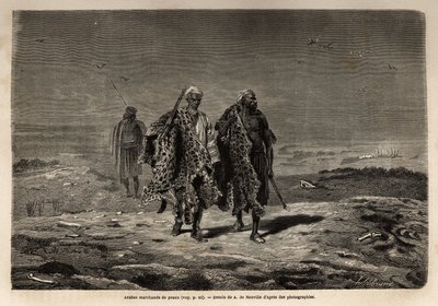 Arabiske beduiner, panterskinn og saueullhandlere, på vei til Bagdad-marsjen (Irak). Gravering for å illustrere turen til Babylon, i 1866, av Guillaume Lejean, i «Le tour du monde, nouveau journal des voyages»» publisert under dire av Unknown artist