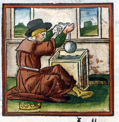 Arkimedes bestemmer vekten av Hierons krone ved nedsenking i vann (erfaring med push) - gravering av Unknown artist