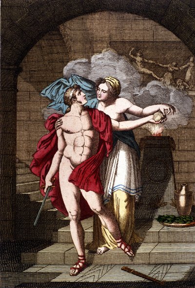 Arianne gir Theseus tråden slik at han kan komme seg ut av labyrinten – i Dizionario mitologico av Unknown artist