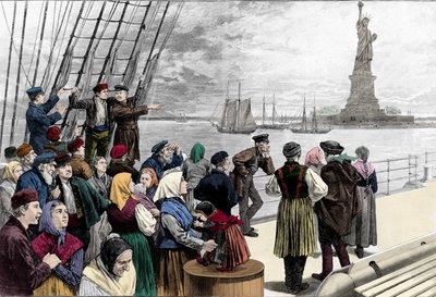 Når familier av emigranter ankommer havnen i New York, er frihetsstatuen synlig. Gravering fra "" Harper