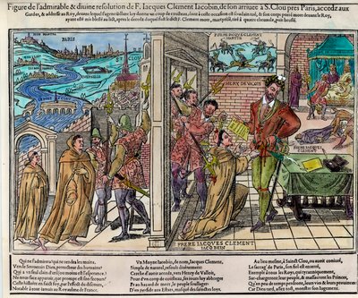 Attentat på kongen av Frankrike Henri III (1551-1589) av Jacques Clement (1567-1589), en dominikansk religiøs tilhenger av Den katolske liga, 1. august av Unknown artist