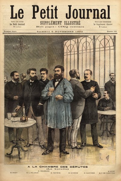I baren i Deputertkammeret, med fra venstre mot høyre: Emile Basly (1835-1928), stedfortreder i Paris, fra fagbevegelsen av gruvearbeidere, Camille Pelletan (1846-1915) journalistskribent og stedfortreder for Bouches du Rhone, Alexandre Millerand (1859-1 av Unknown artist