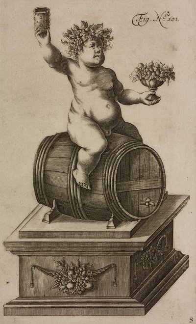 Bacchus på tønne, utstillingsdukke for å skyte opp fyrverkeri, gravering fra Grand Art d#39;Artillerie, av Casimir Siemienowicz av Unknown artist
