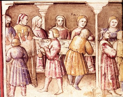 Bankettscene i et rikt herskapshus i Padua Miniature fra Codex 212 (eller Padovano Codice eller Bible of Padua) 1390-1400 Rovigo, Accademia dei Concordi av Unknown artist