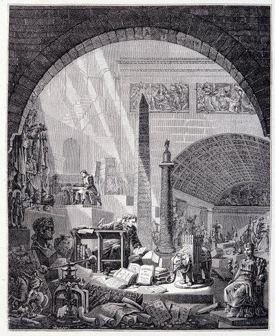 Baron Dominique Vivant-Denon (Vivant denon) på kontoret hans, omgitt av kunstgjenstander og Napoleon av Unknown artist