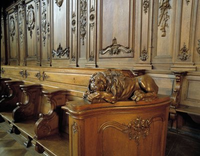 Barokkarkitektur: trebod som representerer en løve, attributt til evangelisten Saint Mark. Kor (1700-tallet) av St. Stefanskirken. Innvendig visning. Marmoutier, Bas Rhin (67). av Unknown artist
