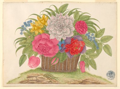 Kurv med blomster og blader på jorden av Unknown artist