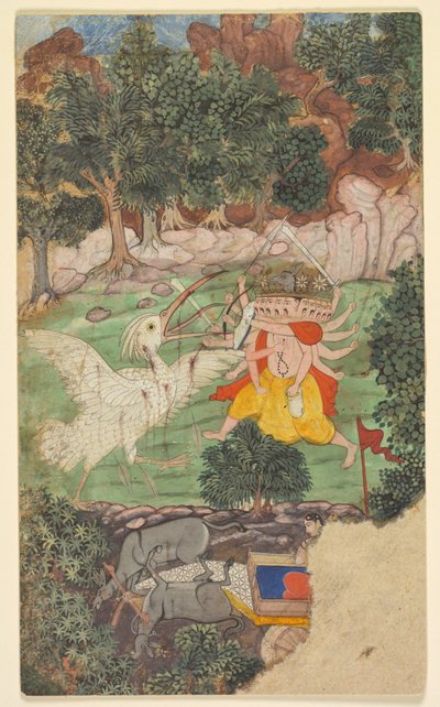 Slaget ved Ravana og Jatayu, fra sarga (kapittel) 49 av Aranya-kanda (Skogens bok) fra en Ramayana (Ramas reise) av Valmiki (indisk, aktiv ca. midten av 1000-tallet f.Kr.) av Unknown artist