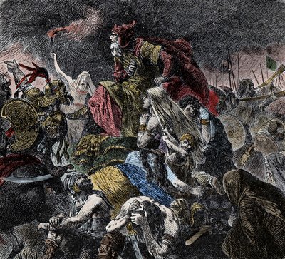 Slaget ved Catalaunique-markene, der romerne, frankerne og vestgoterne gjenforenes satte hunene til Attila og østgoterne i nærheten av Troyes, Dawn - Barbarian Invations - (Slaget ved de katalanske slettene eller slaget ved Chalon eller slaget ved Maurica, av Unknown artist
