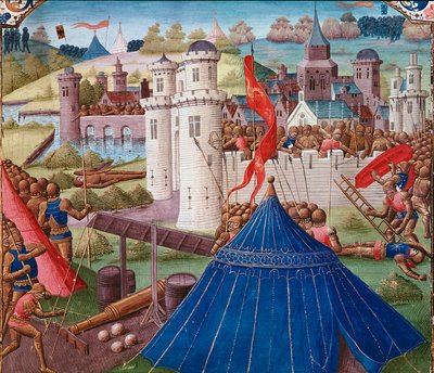 Kampscene en Carthage-miniatyr fra "" Roman History"" (Ad urbe condita) av Tite Live (59 f.Kr.-17 e.Kr.) (Titus Livius), oversatt av Pierre Bessuire 1450-1500 Chantilly, Musee Conde av Unknown artist