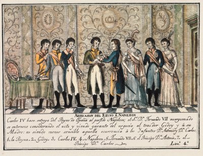 Bayonnes intervju i 1808 etter oppstanden til Aranjuez, som så abdikasjonen av kong Charles IV av Spania avgi tronen til Napoleon I før sønnen Ferdinand VII (Fernando VII) av Unknown artist