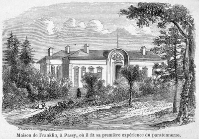 Benjamin Franklins hus i Passy, hvor han gjorde sin første erfaring med lynavleder - gravering av Unknown artist