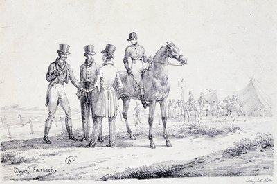 Spill på kanten av racerbanen med en jockey på hesteryggen - litografi, deb. 1800-tallet av Unknown artist