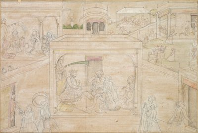 Bhimas konsultasjon med astrologen: Scene fra Nala-Damayanti-tegningene av Unknown artist