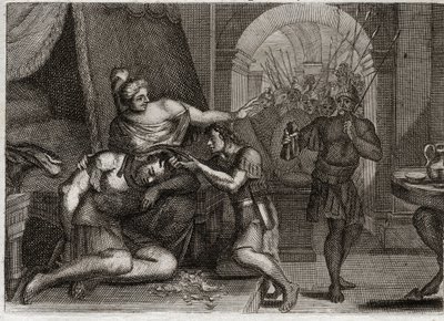Bibelen til Royaumont, Det gamle testamente: Samsons død. Samson oppdager Dalila at styrken hennes var i håret. Hun klipper håret hans og bringer filistersoldatene inn i rommet. Illustrasjon fra 1811. av Unknown artist