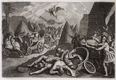Bible of Royaumont, Old Testament: Defeat of Sennacherib. God defeated the army of Sennacherib (Sancherib) in favour of King Ezekiah by an Angel who killed one hundred and eighty five thousand men in one night. Illustration from 1811. av Unknown artist