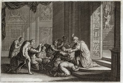Bible of Royaumont, Old Testament: Joseph is recognized by his brothers. Illustration from 1811. av Unknown artist