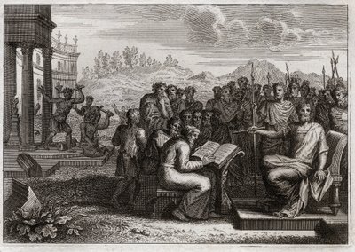 Bibelen til Royaumont, Det gamle testamente: Piete of Josias. Josiah, kongen av Juda, gjenoppretter tilbedelsen av Gud i sitt rike, og passerer alle kongene sine forgjengere i kraft. Illustrasjon fra 1811. av Unknown artist