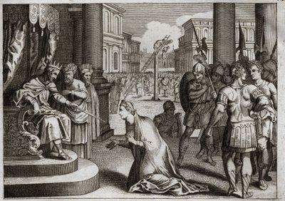 Bibelen til Royaumont, Det gamle testamente: Amans straff. Assuerus I (Xerxes I) henger Aman (Haman) fra galgen han hadde forberedt for Mardochee (eller Mordekhai eller Mordekai), og trekker tilbake Dødsredigeringen som han hadde publisert i hele sitt rike av Unknown artist