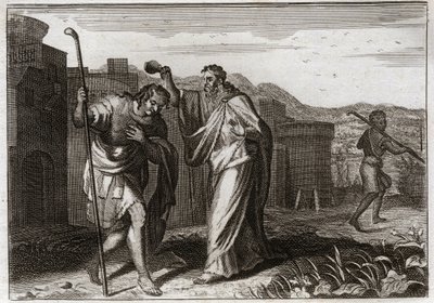 Bible of Royaumont, Old Testament: Rite of Saul. Samuel, by order of God, sacred Saul to be King of the Jews. Illustration from 1811. av Unknown artist