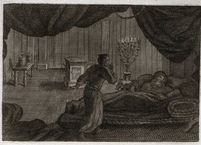 Bibelen til Royaumont, Det gamle testamente: Samuel gir Heli. Anne (Hannah) innviet lille Samuel til Herren, og ga den til ypperstepresten Heli. Samuel, som hører stemmen til Herren som kaller ham midt på natten, tror at dette er hans mentor, c. av Unknown artist