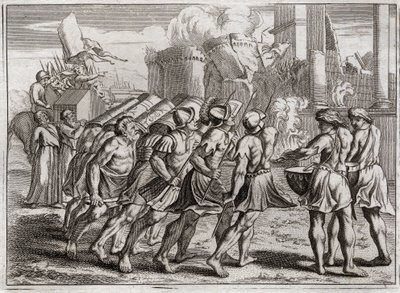 Bibelen til Royaumont, Det gamle testamente: Tatt av Jeriko. Jerikos murer faller til jorden til lyden av trompetene til prestene som gikk foran Herrens paktsark. Illustrasjon fra 1811. av Unknown artist