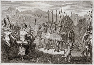 Bible of Royaumont, Old Testament: Triumph of David. After David defeated Giant Goliath, the women of Israel went before him to honor his triumph, with cheers of joy and the sound of instruments. Illustration from 1811. av Unknown artist