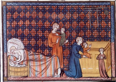 Fødsel og utdanning av kongen av Frankrike Louis IX eller Saint Louis (1214-1270). Miniatyr fra manuskriptet "Life and Miracles of Saint Louis" av William av Saint Pathus av Unknown artist