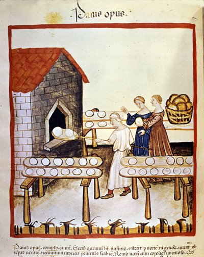 Svart brød: en baker på jobb foran en ovn. Belysning fra melking av medisin og diett "" Tacuinum sanitatis"" av Unknown artist