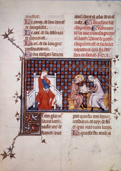 Blanche de Castille, dronning av Frankrike (1188-1252), leder utdannelsen til sønnen Louis IX (1214-1270) (Saint Louis Miniature fra et manuskript "Life and Miracles of Saint Louis" av William av Saint Pathus. 1320. Paris , B.N. av Unknown artist