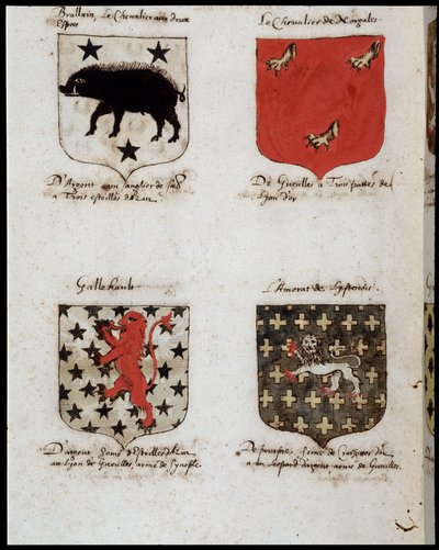 Blasons of Knights of the Round Table: 1. Brallain, ridderen med to svinger, 2. The Knight of Norgales, 3. Gallehault, 4. The Amorate of Lystenois. sd. 1800-tallet. av Unknown artist