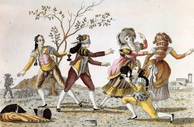 Blindmanns buff: En mann med bind for øynene søker å finne spillkameratene sine av Unknown artist