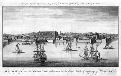 Bombay, East India Company of Englands havn på Malabarkysten av India, med selskapets handelsfartøy i forgrunnen og varehus og bygninger ved kai bak. Kobberstikk, London av Unknown artist