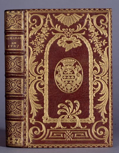 Bokomslag, innbinding med ornamenter varierer til armene til cotte-familien til en almanakk fra 1747. Paris, Dekorativ kunst av Unknown artist