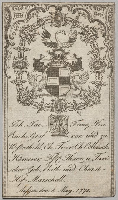 Bokplate: Johan. jac Franz Joseph, keiserlig greve av Westerhold av Unknown artist