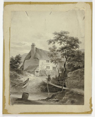 Gutt på broen utenfor en hytte av Unknown artist