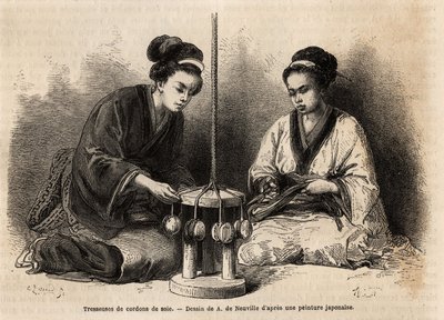 Fletter av silkesnorer, i deres verksted i Yedo (eller Edo, dagens Tokyo); disse flettene er svært utvidede siden de brukes til å arrangere og vedlikeholde militære og sivile kostymer (japanerne ignorerer knappen og klipsen for å knytte klærne). Engra av Unknown artist