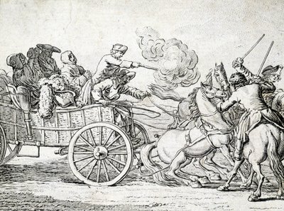Brigander angriper passasjerer på en vogn. Gravering av en anonym fra 1700-tallet. av Unknown artist