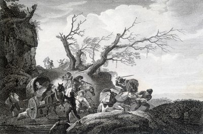 Brigander angriper reisende på en landevei. Gravering av en anonym fra 1700-tallet. av Unknown artist