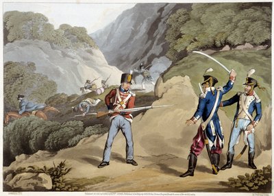 Britisk soldat tok to franske offiserer til fange i slaget ved Pyreneene - i "Historiske, militære og sjøanekdoter ..." av Edward Orme av Unknown artist