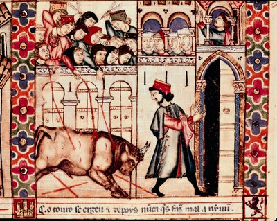 Tyrefekting: oksen dreper på arenaen under de tradisjonelle festene i Plasenza (Plasencia) i Spania, sang 144. Miniatyr fra Sankt Marias salme av Unknown artist