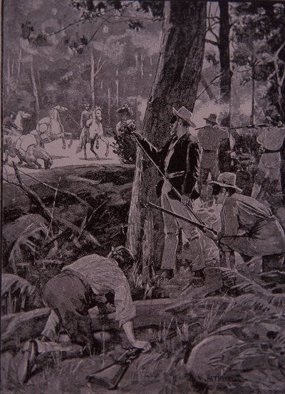 Bushrangers, australske fredløse, raner en gulleskorte (gravering) av Unknown artist